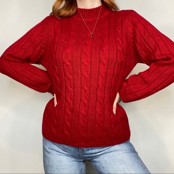 Vintage 90s Sag Harbor Petite Size Large Red Mockneck Cable Knit Sweater - Picture 6 of 11